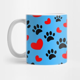 Black Dog Paws Red Hearts Pattern On Blue Mug